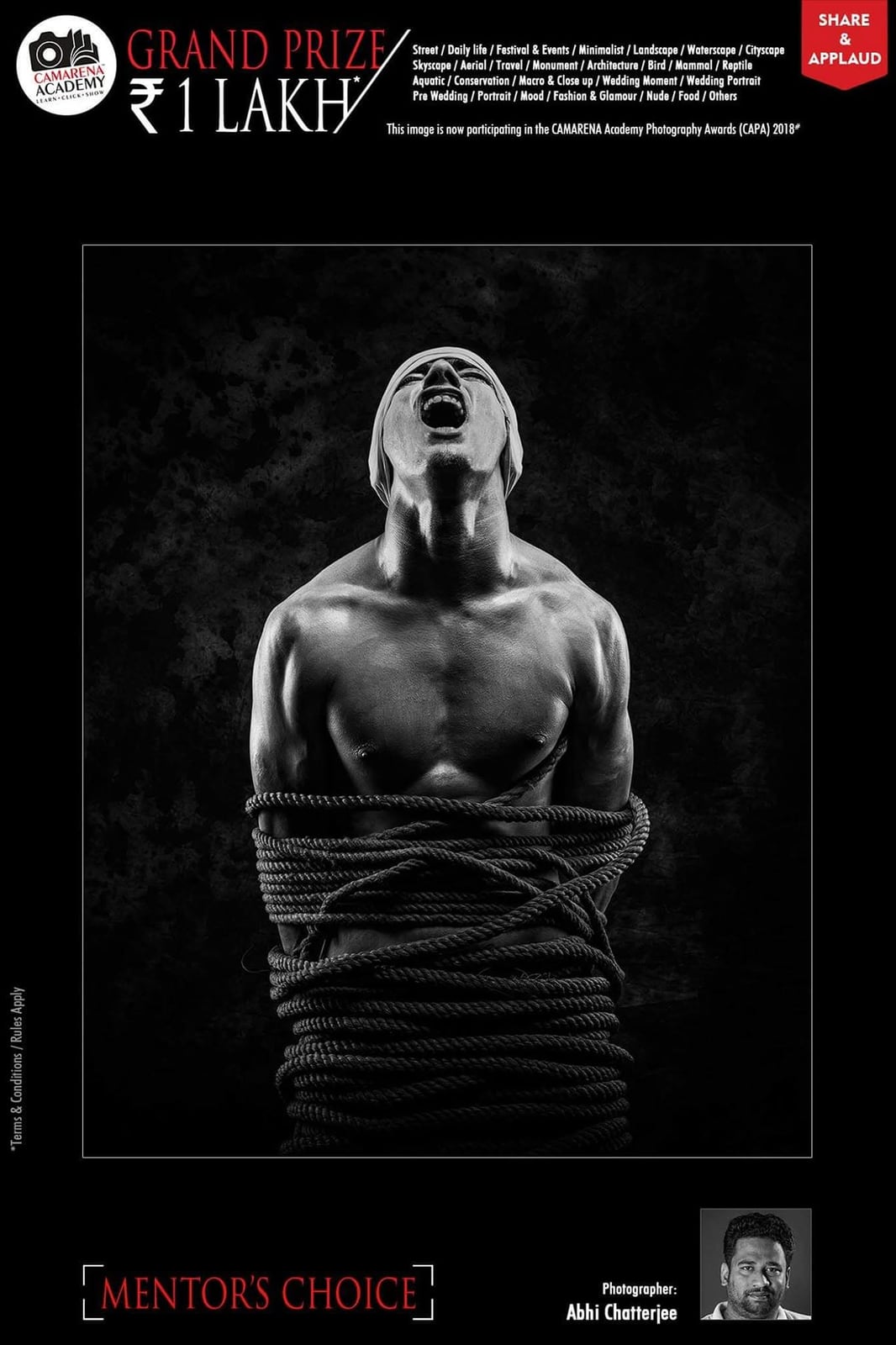 A CAMARENA Academy poster marked Mentor's Choice, showing a man bound in rope and shouting.