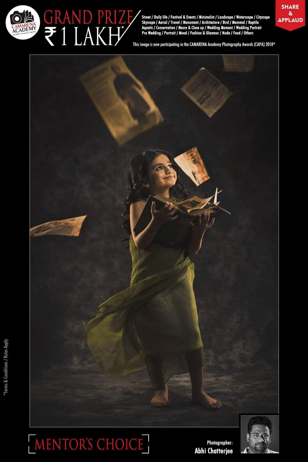 A CAMARENA Academy poster marked Mentor's Choice, showing a girl in green with books flying around her.
