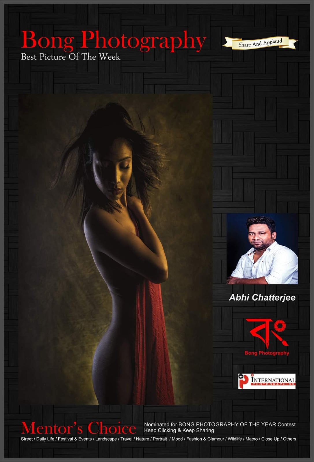 A Bong Photography poster naming the picture of the week, showing a woman wrapped in red cloth.