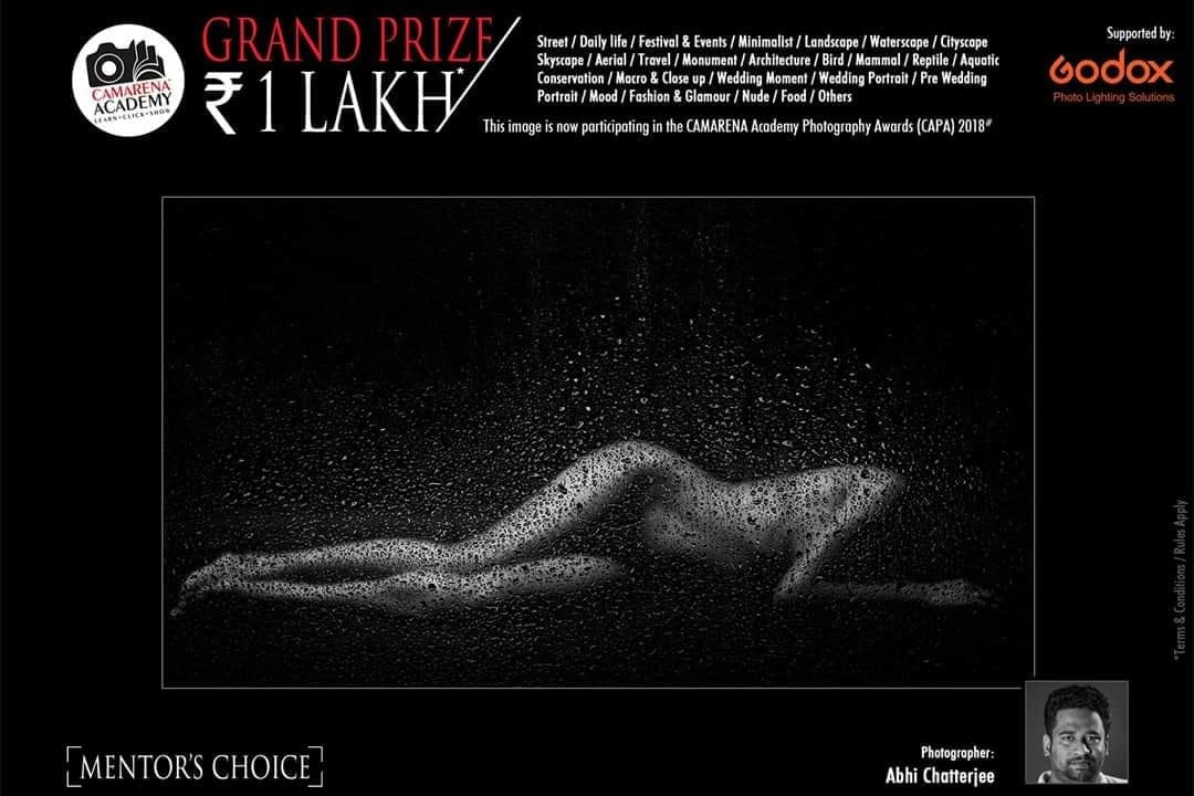 A CAMARENA Academy poster marked Mentor's Choice, showing a reclining figure covered in water droplets.