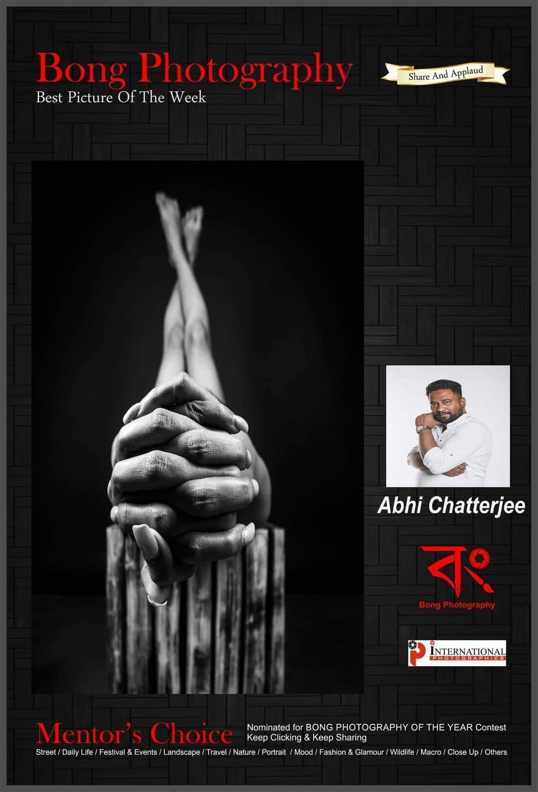 A Bong Photography poster naming the picture of the week, showing clasped hands resting over bamboo.