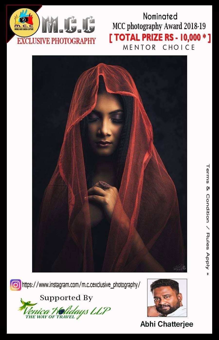An M.C.C Exclusive Photography poster marked nominated, showing a woman in a red shawl.
