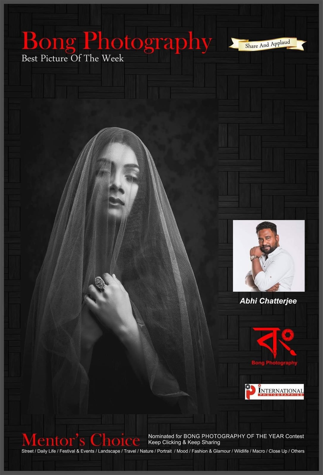 A Bong Photography poster naming the picture of the week, showing a woman in a grey veil.