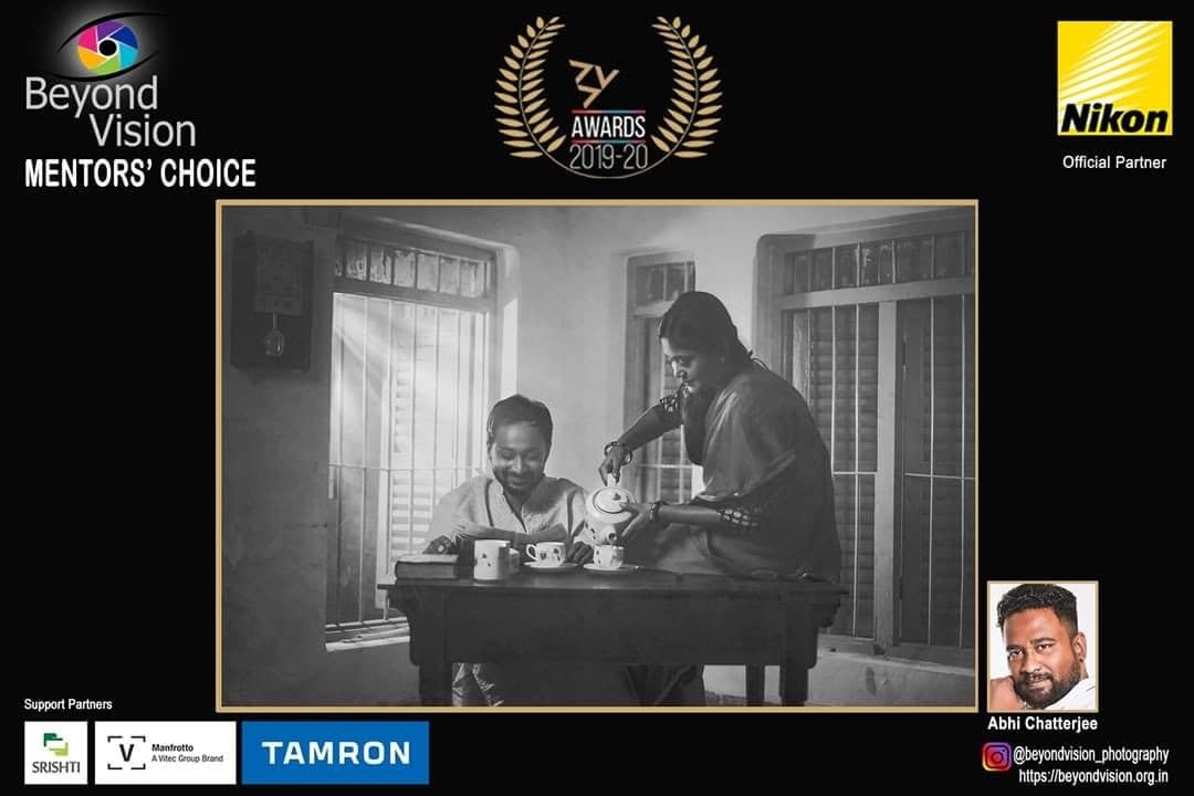 A Beyond Vision ZY Awards poster marked Mentors' Choice, showing tea being poured in black and white.