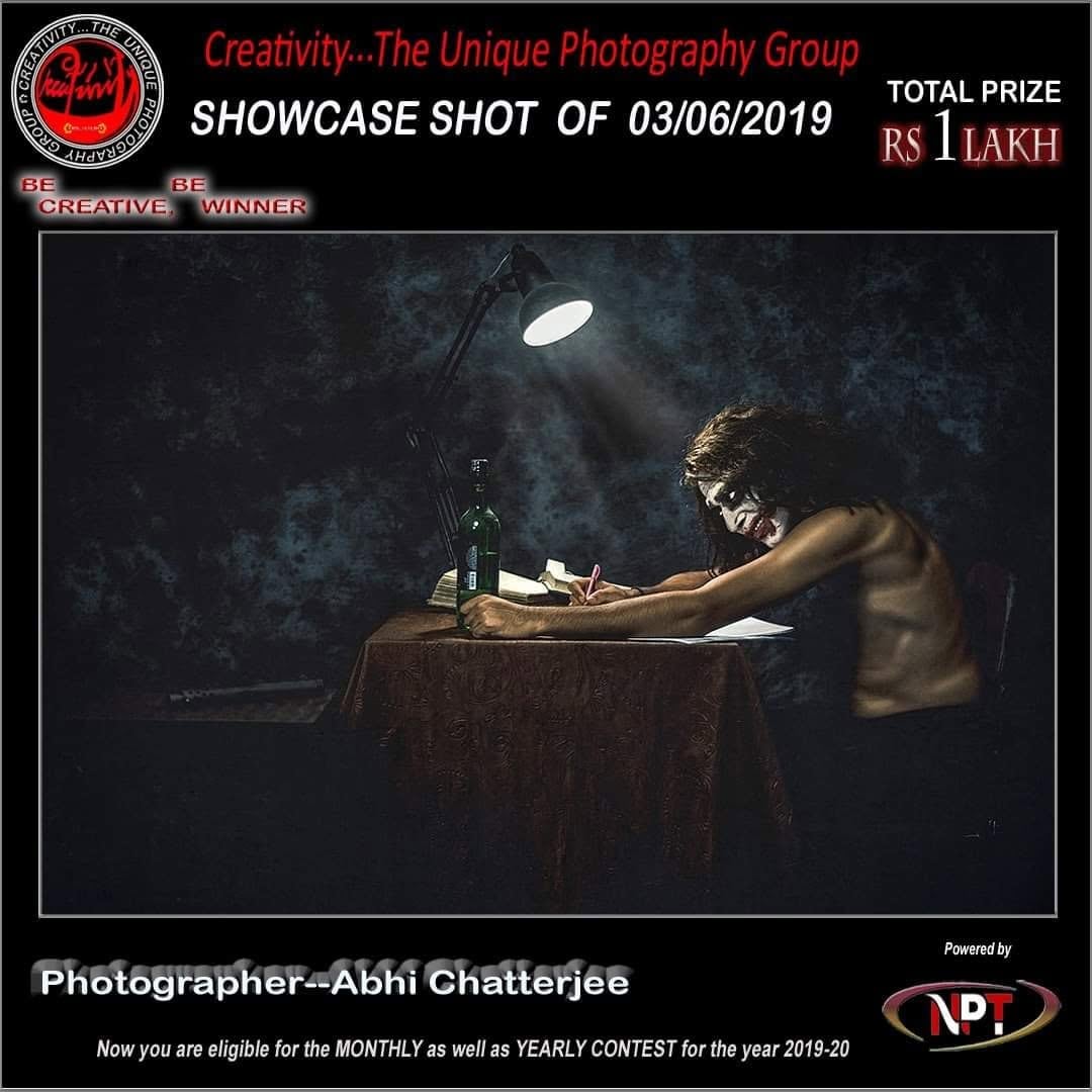 A Creativity showcase card for 3 June 2019, showing a figure writing at night.