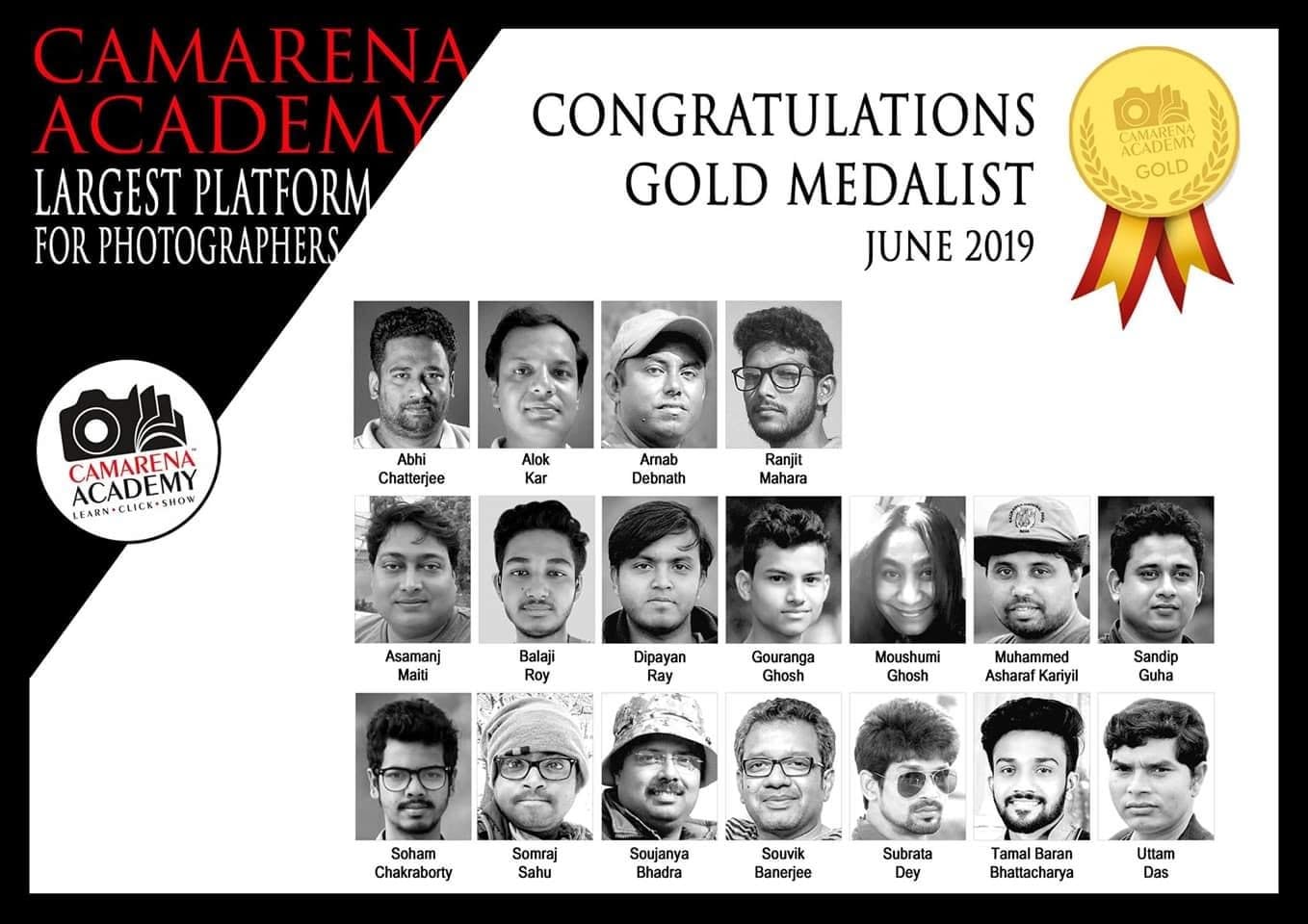 A CAMARENA Academy poster listing the gold medalists for June 2019.