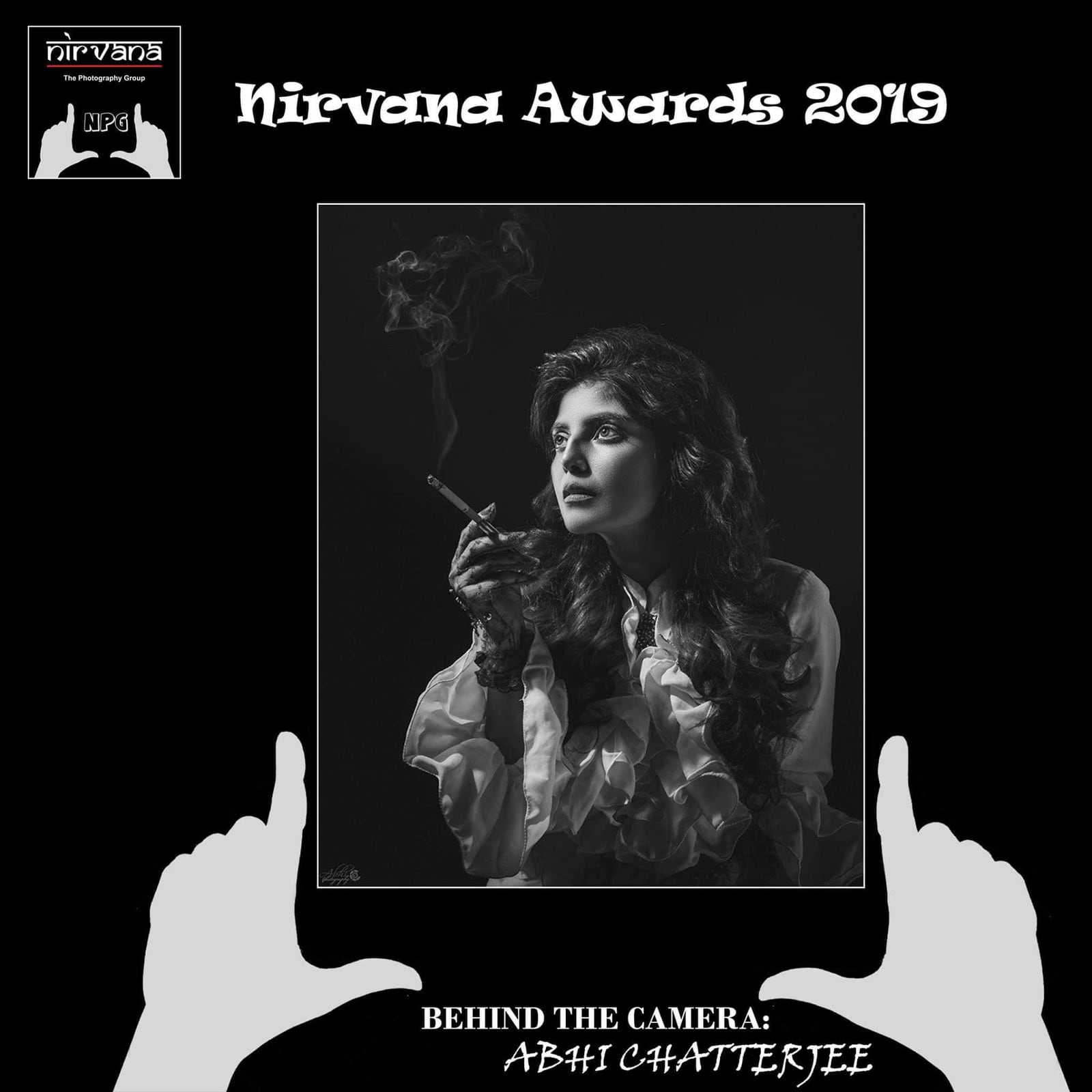 A Nirvana Awards 2019 card holding up a framed picture of a woman exhaling smoke.