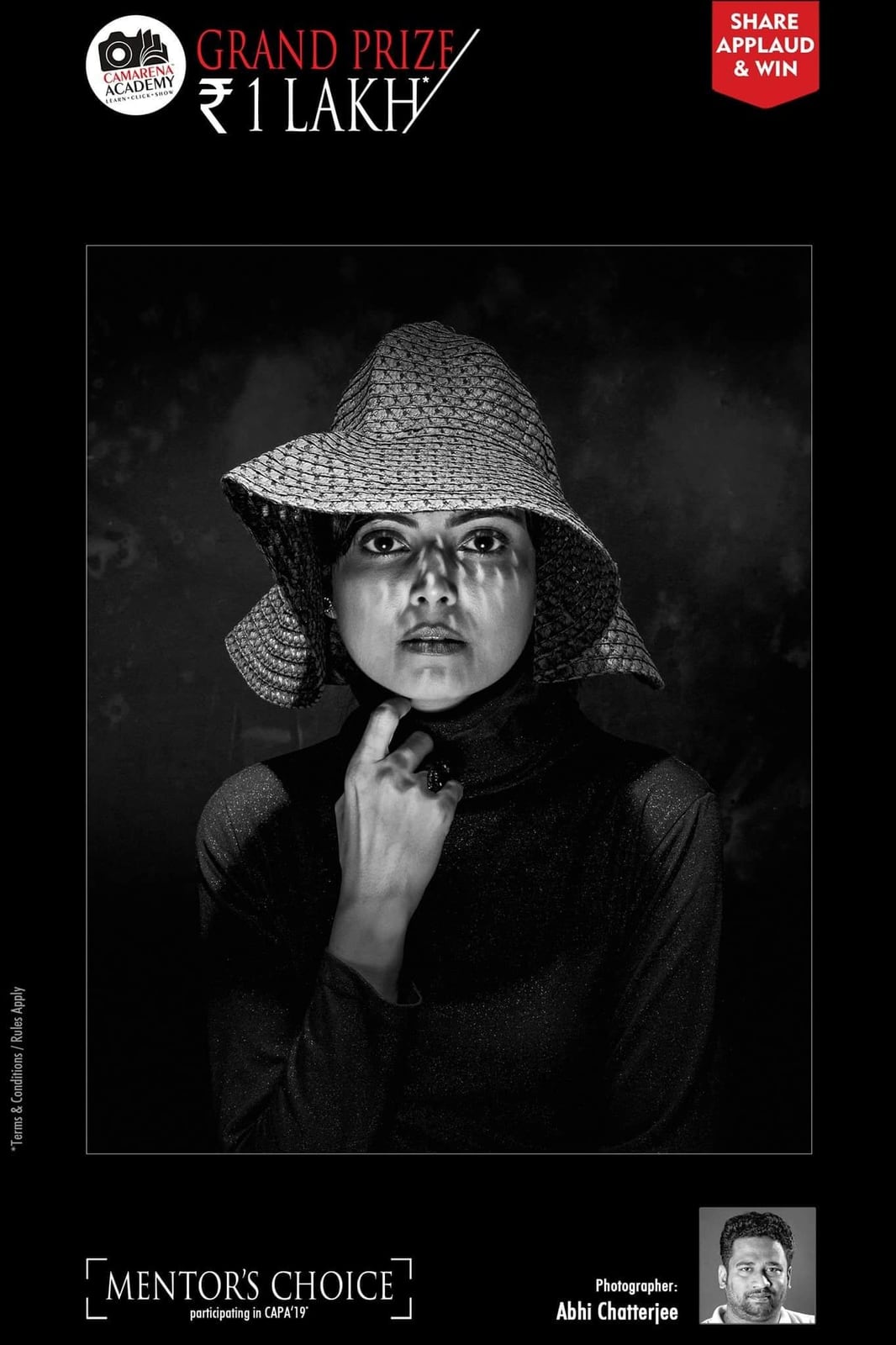 A CAMARENA Academy poster marked Mentor's Choice, showing a woman in a crochet hat in black and white.