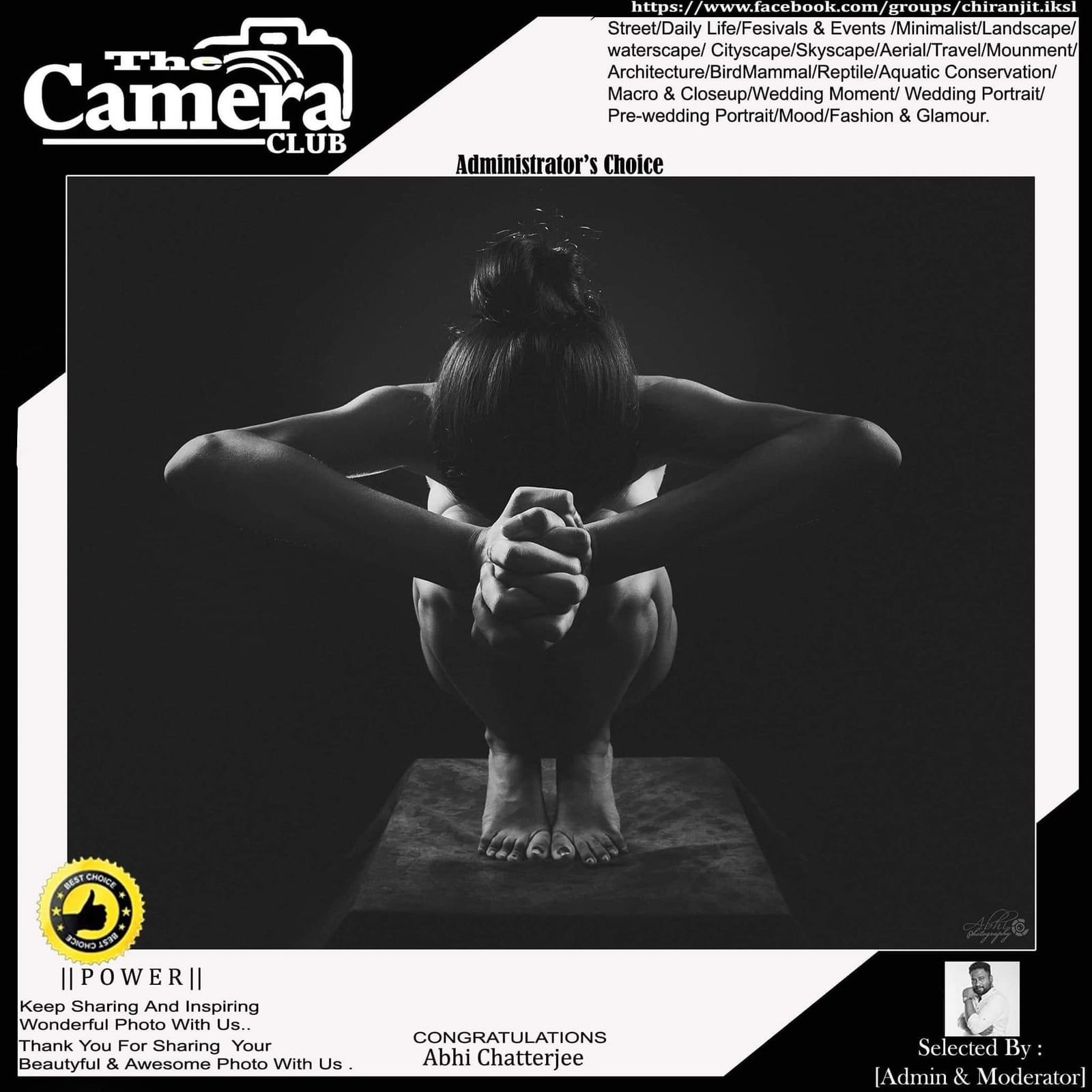 A Camera Club card marked Administrator's Choice, showing a figure with a bowed head.