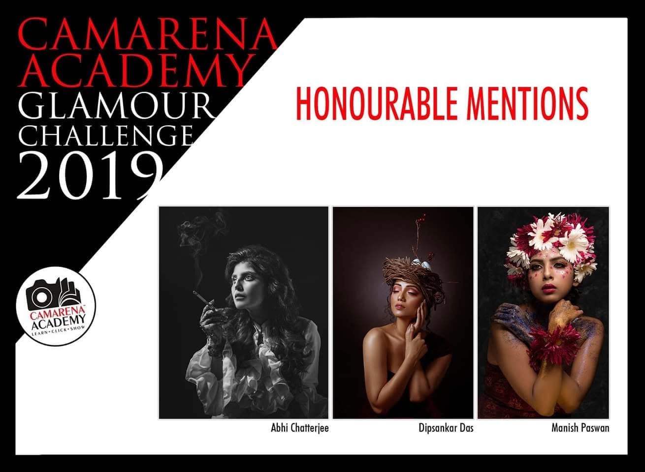 A CAMARENA Academy Glamour Challenge poster marking an honourable mention, showing a woman exhaling smoke.
