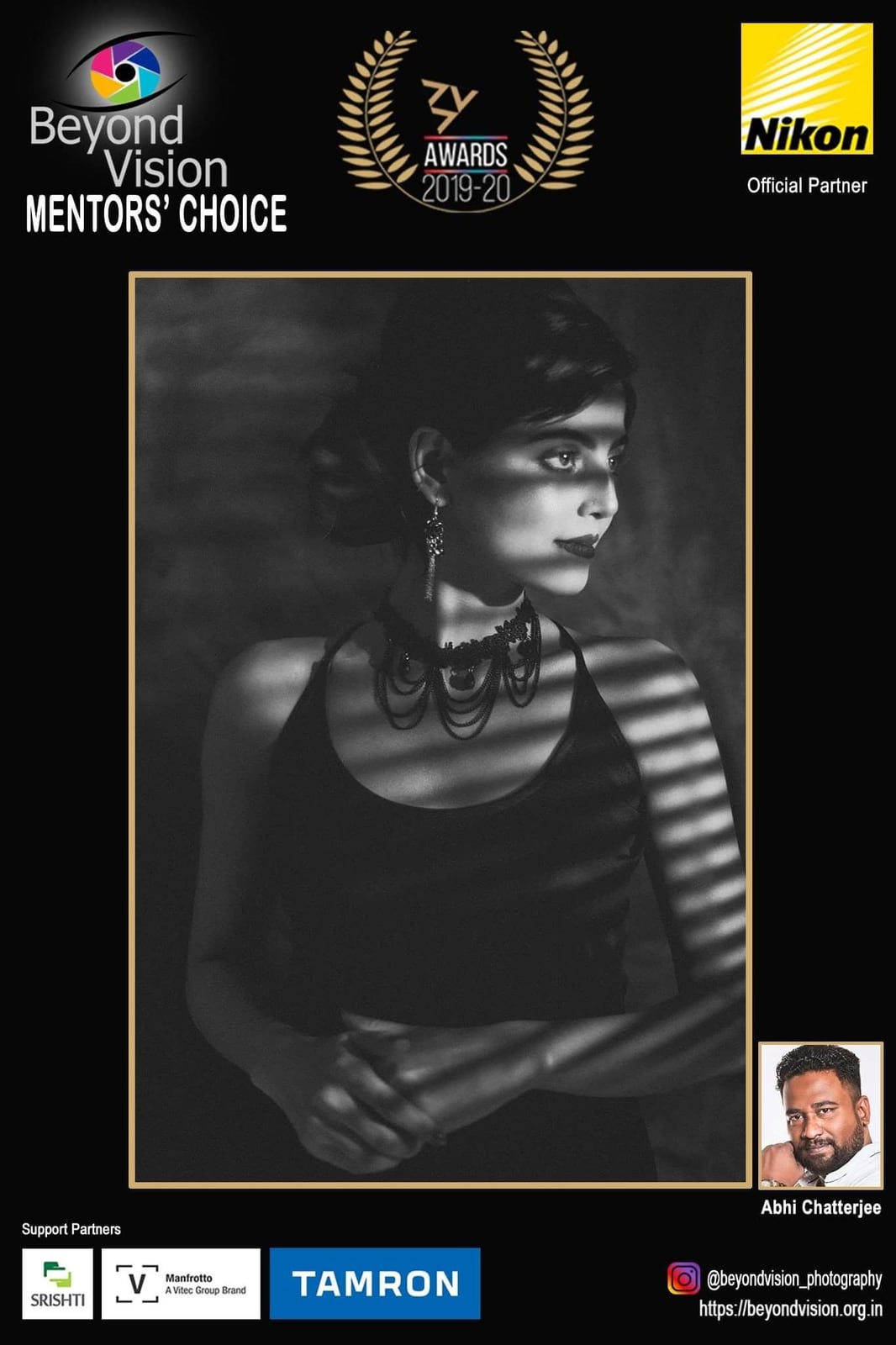 A Beyond Vision ZY Awards poster marked Mentors' Choice, showing a woman in a necklace under striped shadow.