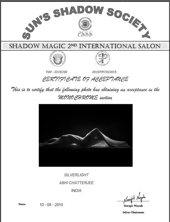 A Shadow Magic salon certificate of acceptance in the monochrome section, dated 10 August 2019.