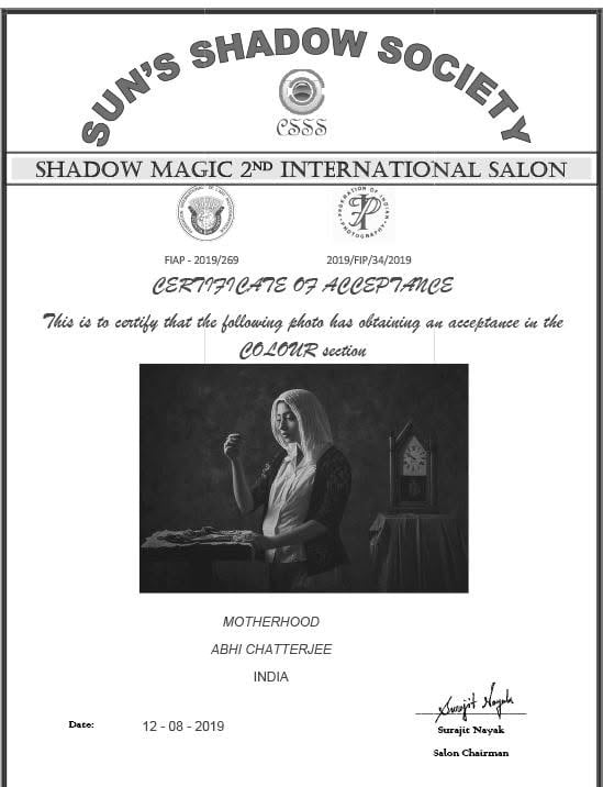 A Shadow Magic salon certificate of acceptance in the colour section, dated 12 August 2019.