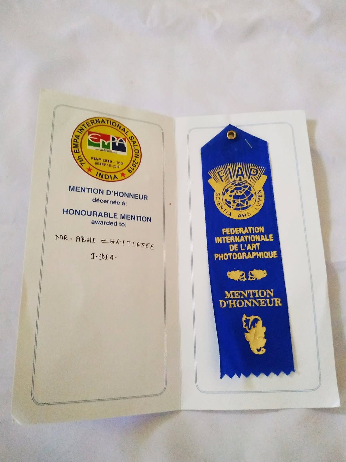A FIAP honourable mention certificate from the 7th EMPA International Salon 2019.