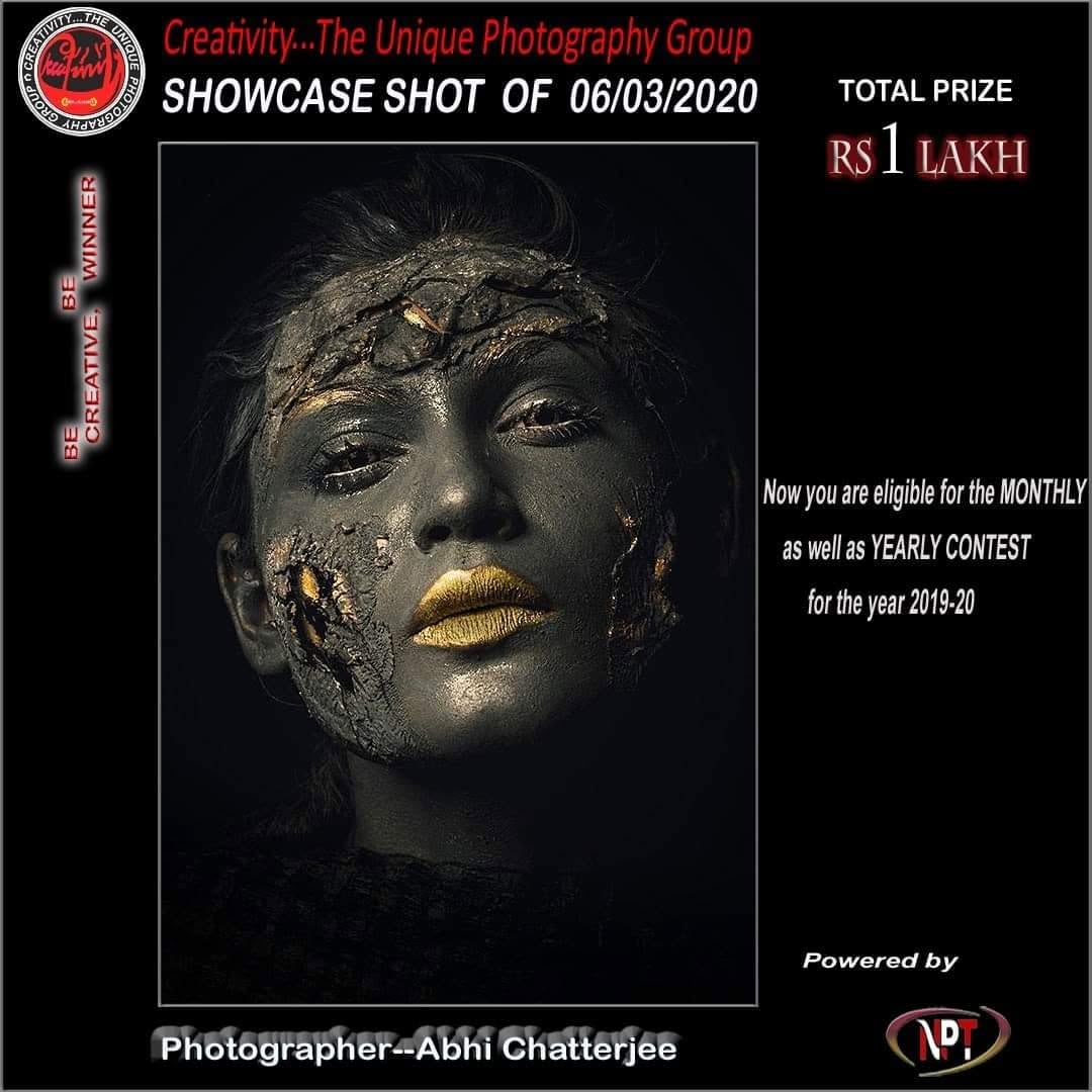 A Creativity showcase card for 6 March 2020, showing a gold painted face with cracked makeup.